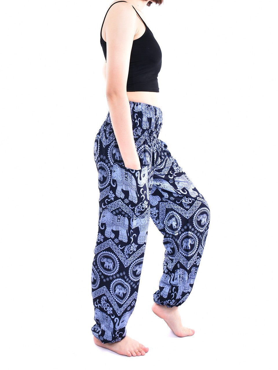 Bohotusk Blue Elephant Tusker Elasticated Smocked Waist Womens Harem Pants S/M to 3XL