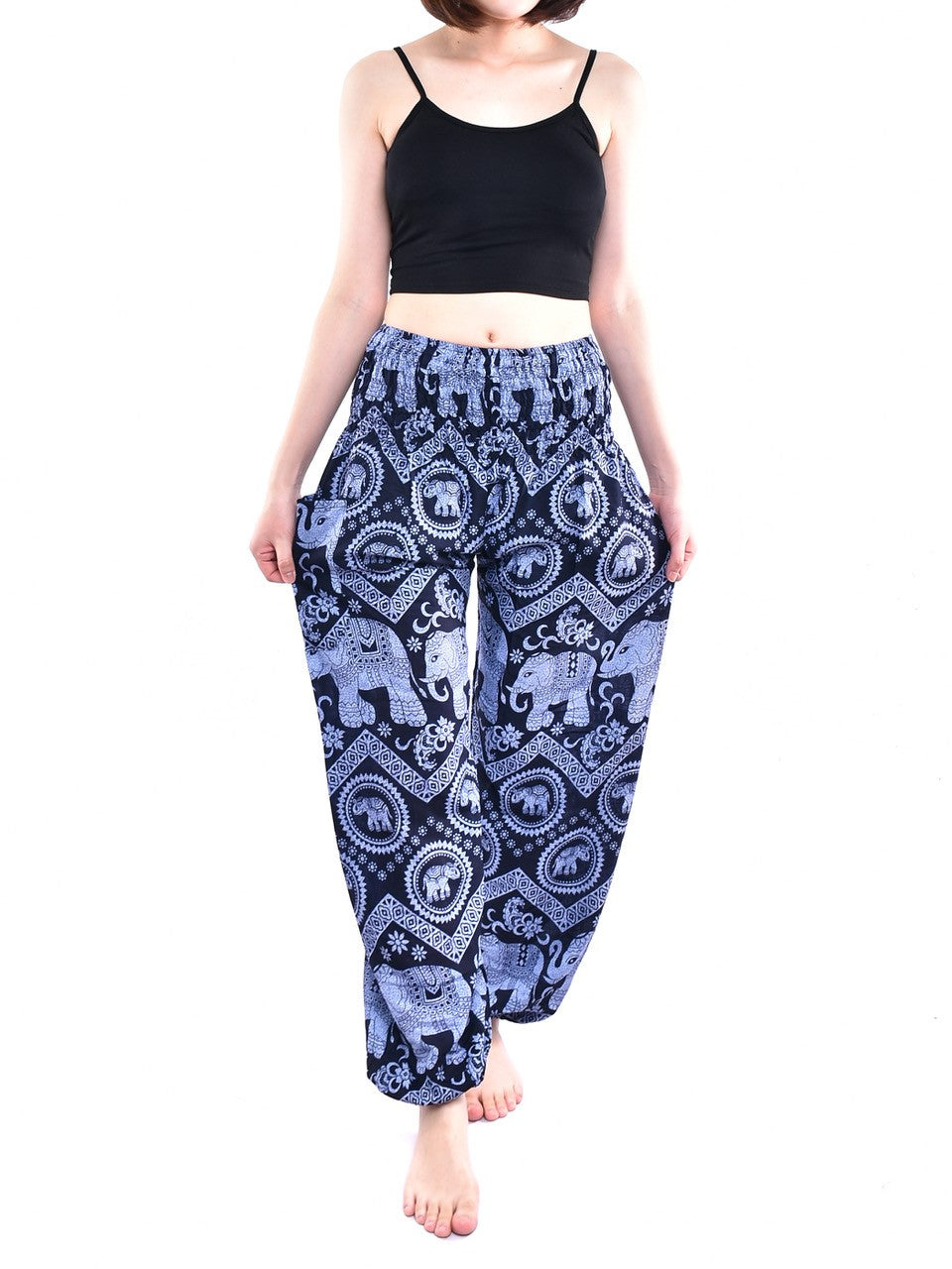 Bohotusk Blue Elephant Tusker Elasticated Smocked Waist Womens Harem Pants S/M to 3XL