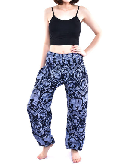 Bohotusk Blue Elephant Tusker Elasticated Smocked Waist Womens Harem Pants S/M to 3XL