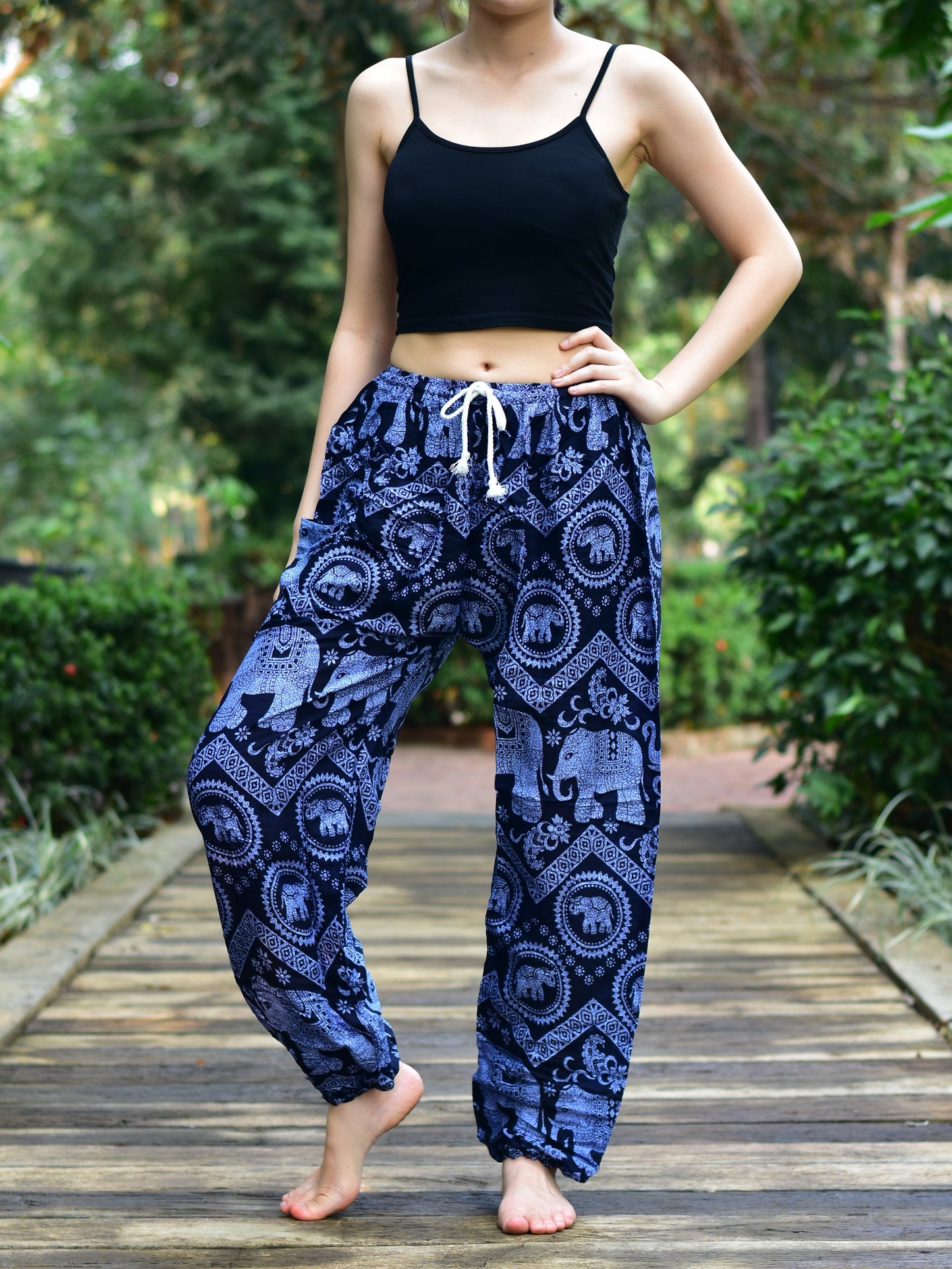 Bohotusk Blue Elephant Tusker Print Womens Harem Pants Tie Waist S/M to 3XL