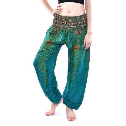 Bohotusk Green Peacock Print Elasticated Smocked Waist Womens Harem Pants S/M only