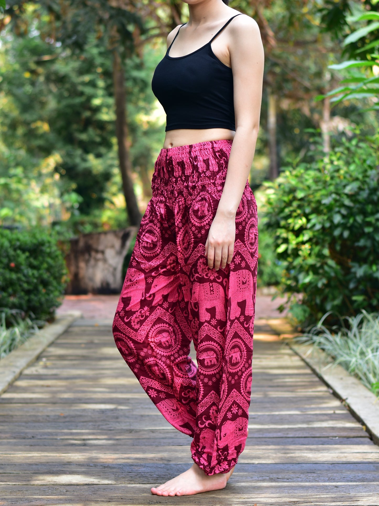 Bohotusk Red Pink Elephant Tusker Elasticated Smocked Waist Womens Harem Pants S/M to L/XL