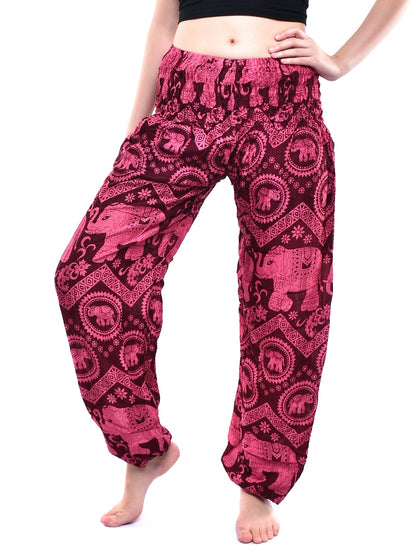 Bohotusk Red Pink Elephant Tusker Elasticated Smocked Waist Womens Harem Pants S/M to L/XL