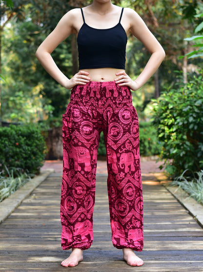 Bohotusk Red Pink Elephant Tusker Elasticated Smocked Waist Womens Harem Pants S/M to L/XL