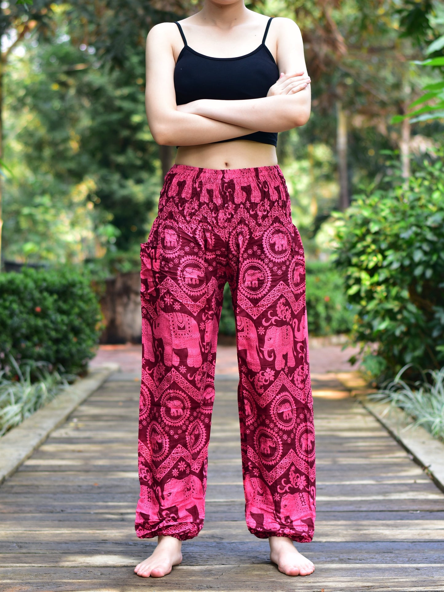 Bohotusk Red Pink Elephant Tusker Elasticated Smocked Waist Womens Harem Pants S/M to L/XL