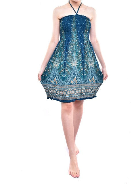 Bohotusk Teal Green Peacock Print Short Mini Tube Dress With Tie Neck