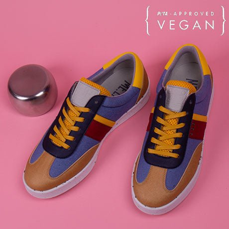 VIVACE vegan and recycled sneaker in cognac, blue jean and yellow