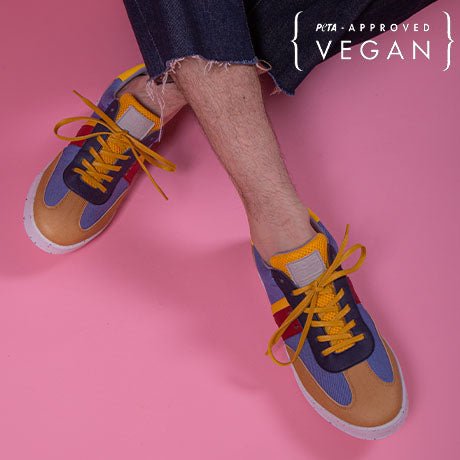 VIVACE vegan and recycled sneaker in cognac, blue jean and yellow