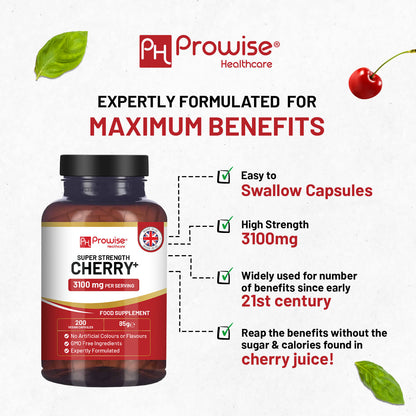 Prowise Cherry+ 3100 mg mit Schwarzkirsche | Beste Kirschpräparate gegen Gicht | 200 vegane Kapseln für Männer und Frauen | Hergestellt in Großbritannien