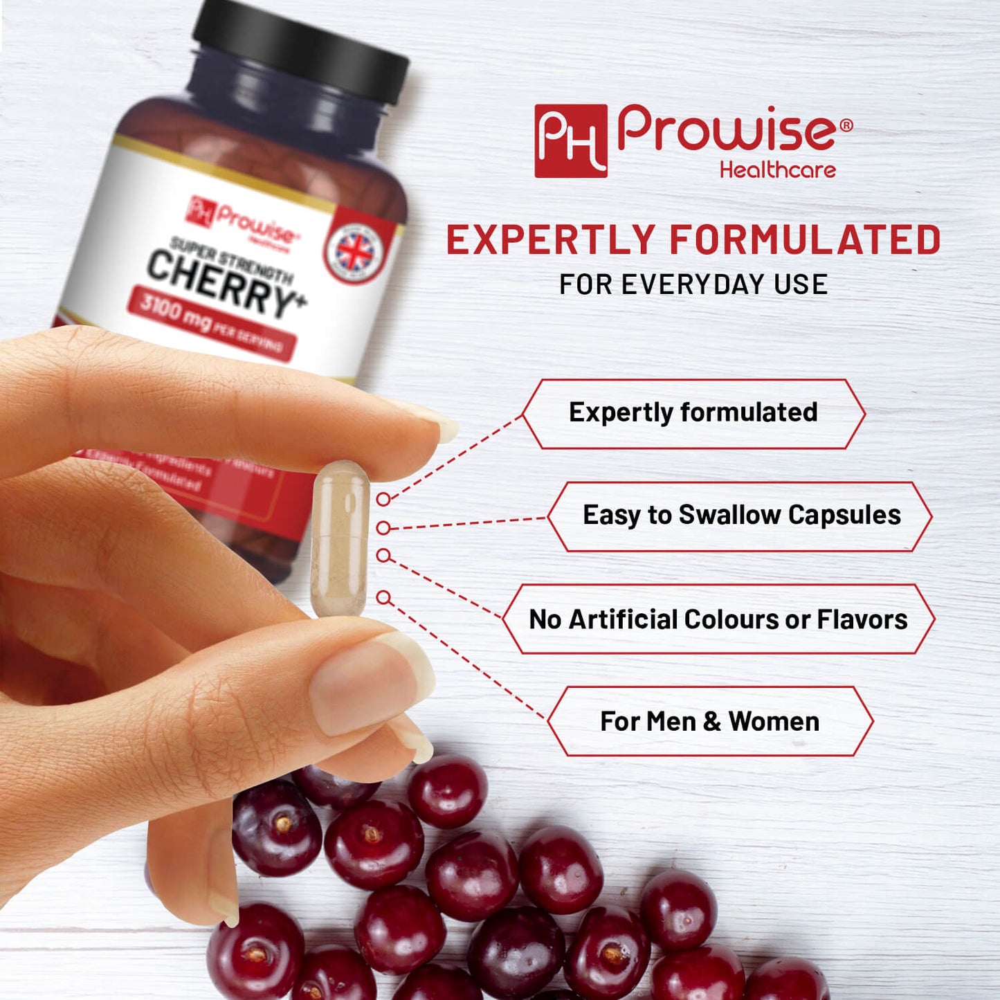 Prowise Cherry+ 3100mg with Black Cherry | Best Cherry Supplements for Gout | 200 Vegan Capsules for Men and Women | UK Made