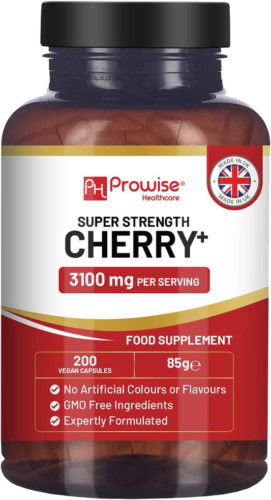 Prowise Cherry+ 3100 mg mit Schwarzkirsche | Beste Kirschpräparate gegen Gicht | 200 vegane Kapseln für Männer und Frauen | Hergestellt in Großbritannien