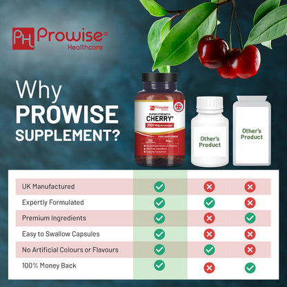 Prowise Cherry+ 3100 mg mit Schwarzkirsche | Beste Kirschpräparate gegen Gicht | 200 vegane Kapseln für Männer und Frauen | Hergestellt in Großbritannien