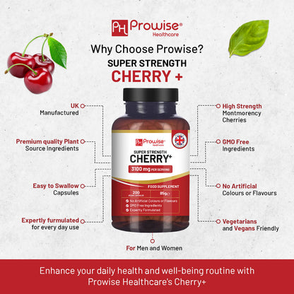 Prowise Cherry+ 3100 mg mit Schwarzkirsche | Beste Kirschpräparate gegen Gicht | 200 vegane Kapseln für Männer und Frauen | Hergestellt in Großbritannien