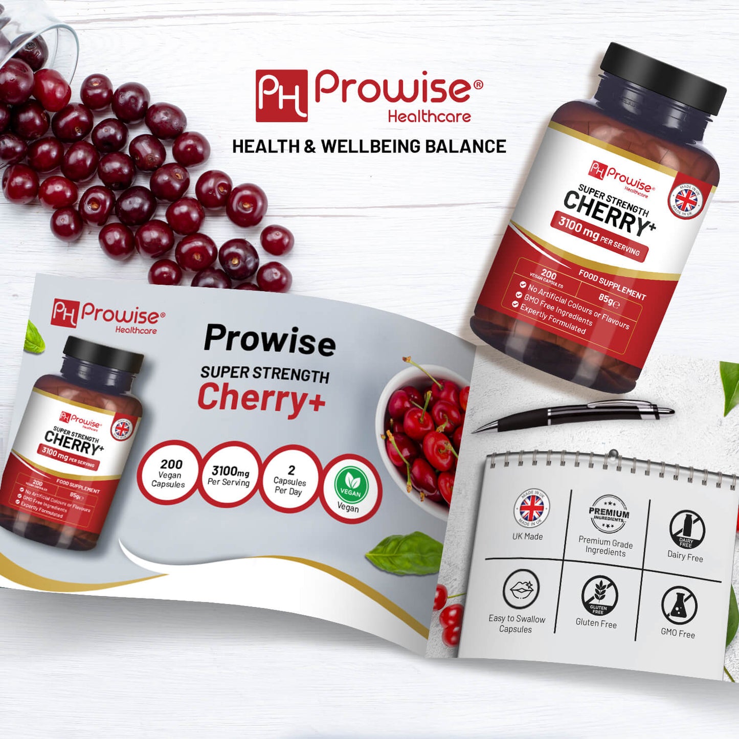 Prowise Cherry+ 3100 mg mit Schwarzkirsche | Beste Kirschpräparate gegen Gicht | 200 vegane Kapseln für Männer und Frauen | Hergestellt in Großbritannien