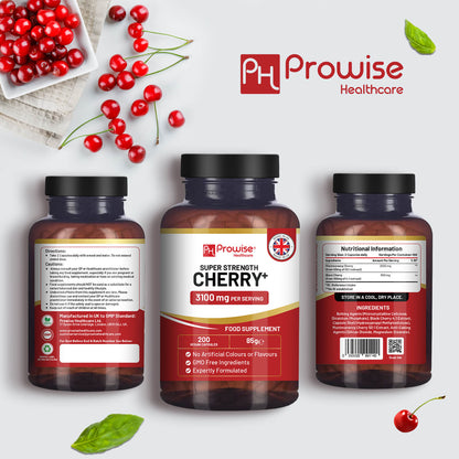 Prowise Cherry+ 3100 mg mit Schwarzkirsche | Beste Kirschpräparate gegen Gicht | 200 vegane Kapseln für Männer und Frauen | Hergestellt in Großbritannien