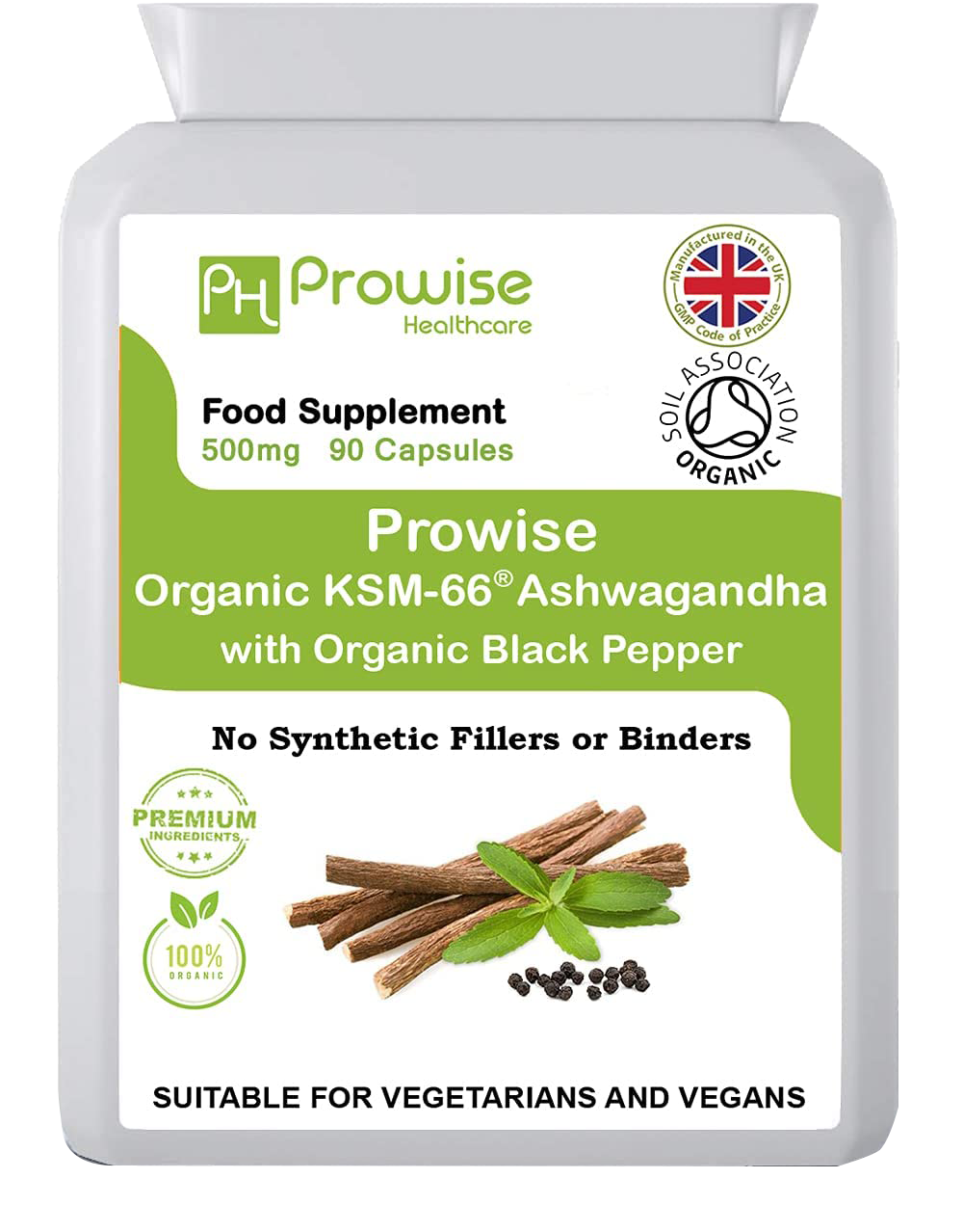 Prowise KSM-66 Ashwagandha mit Bio-Schwarzpfeffer 500 mg 90 Kapseln – Hergestellt in Großbritannien – Geeignet für Vegetarier und Veganer