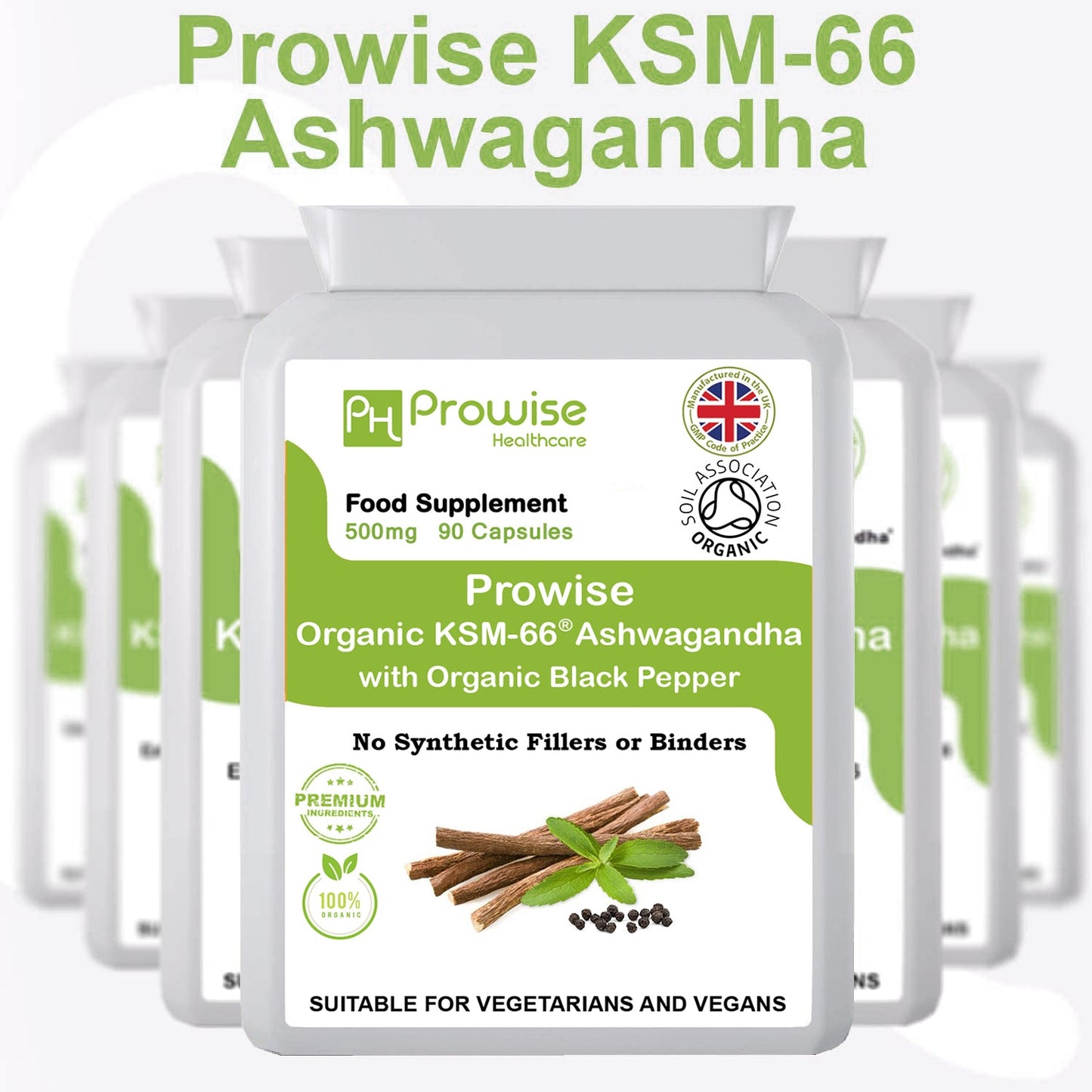 Prowise KSM-66 Ashwagandha mit Bio-Schwarzpfeffer 500 mg 90 Kapseln – Hergestellt in Großbritannien – Geeignet für Vegetarier und Veganer