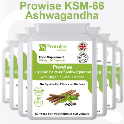 Prowise KSM-66 Ashwagandha mit Bio-Schwarzpfeffer 500 mg 90 Kapseln – Hergestellt in Großbritannien – Geeignet für Vegetarier und Veganer