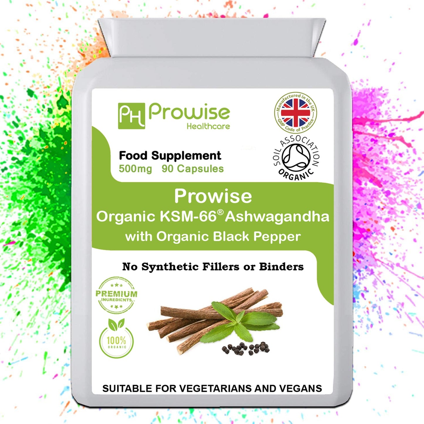 Prowise KSM-66 Ashwagandha mit Bio-Schwarzpfeffer 500 mg 90 Kapseln – Hergestellt in Großbritannien – Geeignet für Vegetarier und Veganer