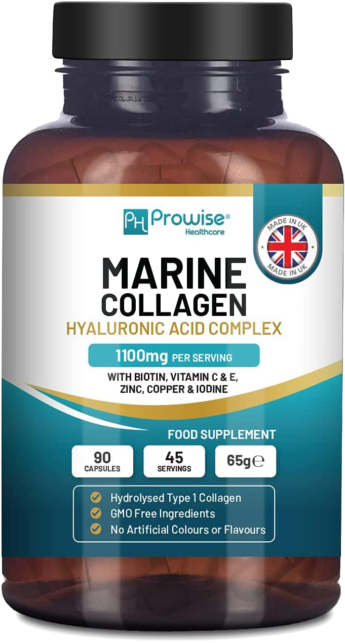 Prowise Marine Collagen with Hyaluronic Acid 1100mg – 90 Capsules Boosted with Hyaluronic Acid, Vitamins C, E, B2, Biotin, Copper, Zinc and Iodine | for Women and Men | Made in UK