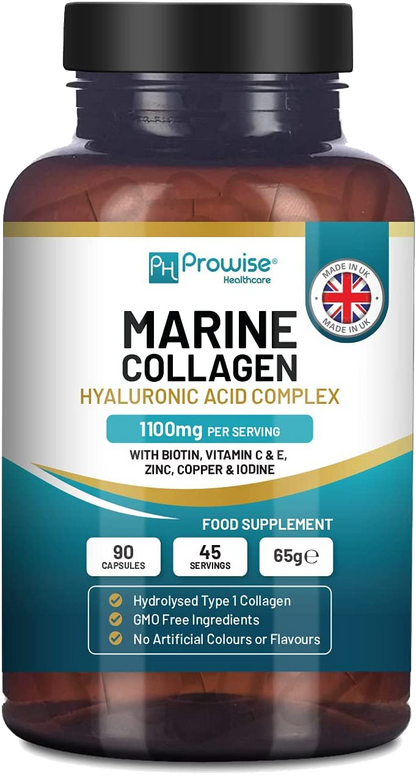 Prowise Meereskollagen mit Hyaluronsäure 1100 mg – 90 Kapseln angereichert mit Hyaluronsäure, Vitamin C, E, B2, Biotin, Kupfer, Zink und Jod | für Frauen und Männer | Hergestellt in UK