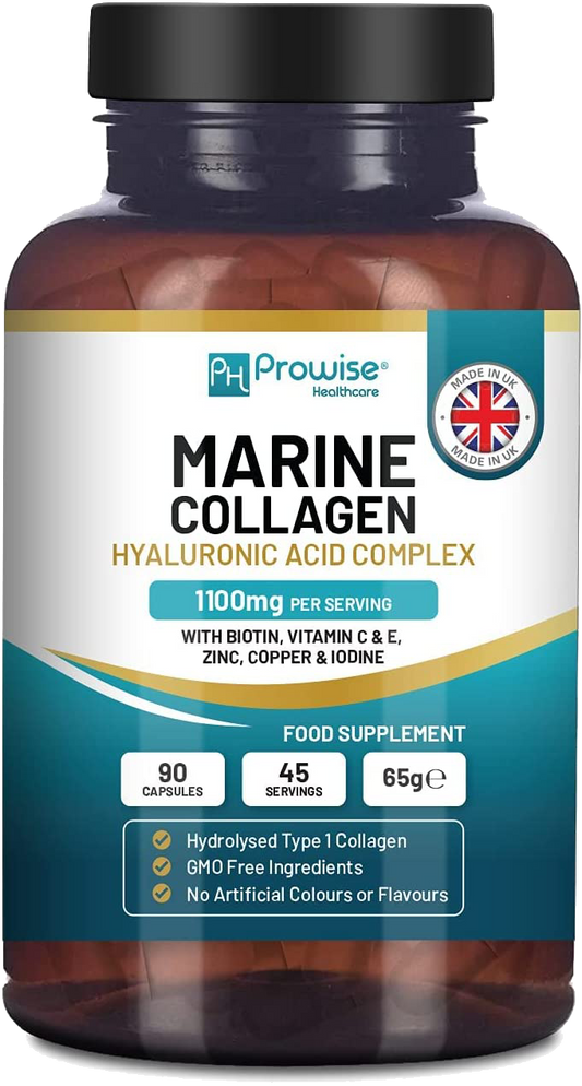 Prowise Meereskollagen mit Hyaluronsäure 1100 mg – 90 Kapseln angereichert mit Hyaluronsäure, Vitamin C, E, B2, Biotin, Kupfer, Zink und Jod | für Frauen und Männer | Hergestellt in UK