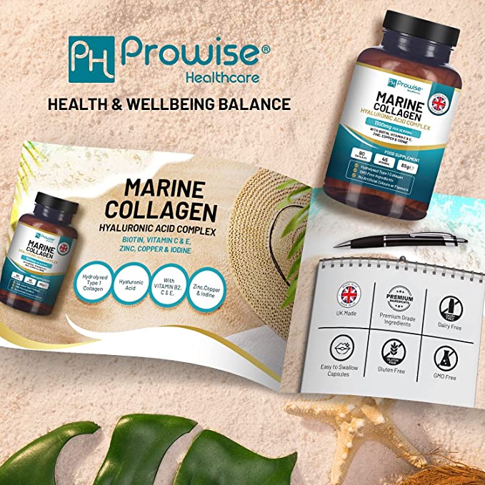 Prowise Marine Collagen with Hyaluronic Acid 1100mg – 90 Capsules Boosted with Hyaluronic Acid, Vitamins C, E, B2, Biotin, Copper, Zinc and Iodine | for Women and Men | Made in UK