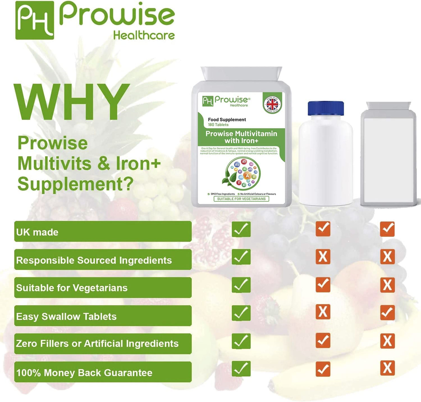 Prowise Multivitamin &amp; Eisen 180 Tabletten (6-Monats-Dosis) Immununterstützung | Geeignet für Vegetarier | Hergestellt in UK