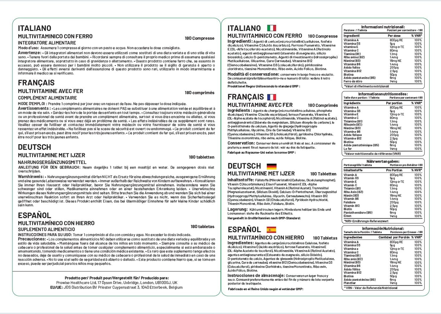 Prowise Multivitamin &amp; Eisen 180 Tabletten (6-Monats-Dosis) Immununterstützung | Geeignet für Vegetarier | Hergestellt in UK