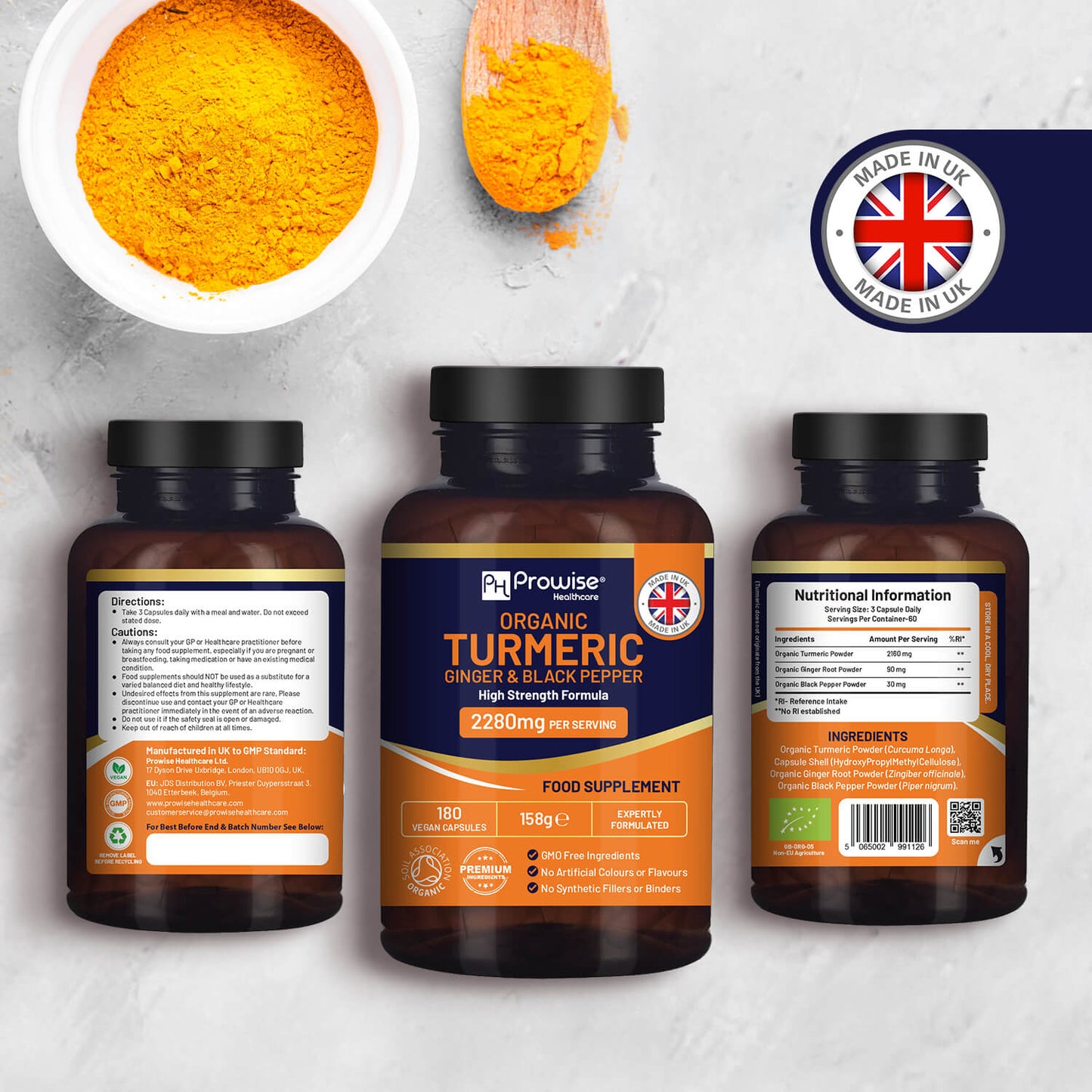 Prowise Bio-Kurkuma, Ingwer und schwarzer Pfeffer 2280 mg (hohe Stärke) | 180 vegane Kurkuma-Kapseln mit dem Wirkstoff Curcumin, von der Soil Association zugelassen und im Vereinigten Königreich hergestellt