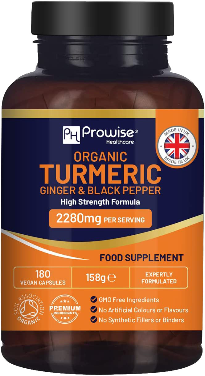 Prowise Organic Turmeric Ginger and Black Pepper 2280mg (High Strength) | 180 Vegan Turmeric Capsules with Active Ingredient Curcumin I Soil Association Approved I UK Made