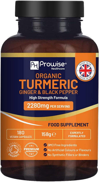 Prowise Organic Turmeric Ginger and Black Pepper 2280mg (High Strength) | 180 Vegan Turmeric Capsules with Active Ingredient Curcumin I Soil Association Approved I UK Made