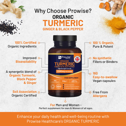 Prowise Organic Turmeric Ginger and Black Pepper 2280mg (High Strength) | 180 Vegan Turmeric Capsules with Active Ingredient Curcumin I Soil Association Approved I UK Made