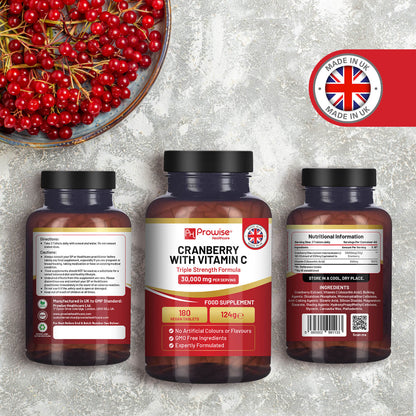 Prowise Triple Strength Cranberry 30.000 mg mit Vitamin C | UTI Cranberry 180 Tabletten für Frauen | Hergestellt in Großbritannien