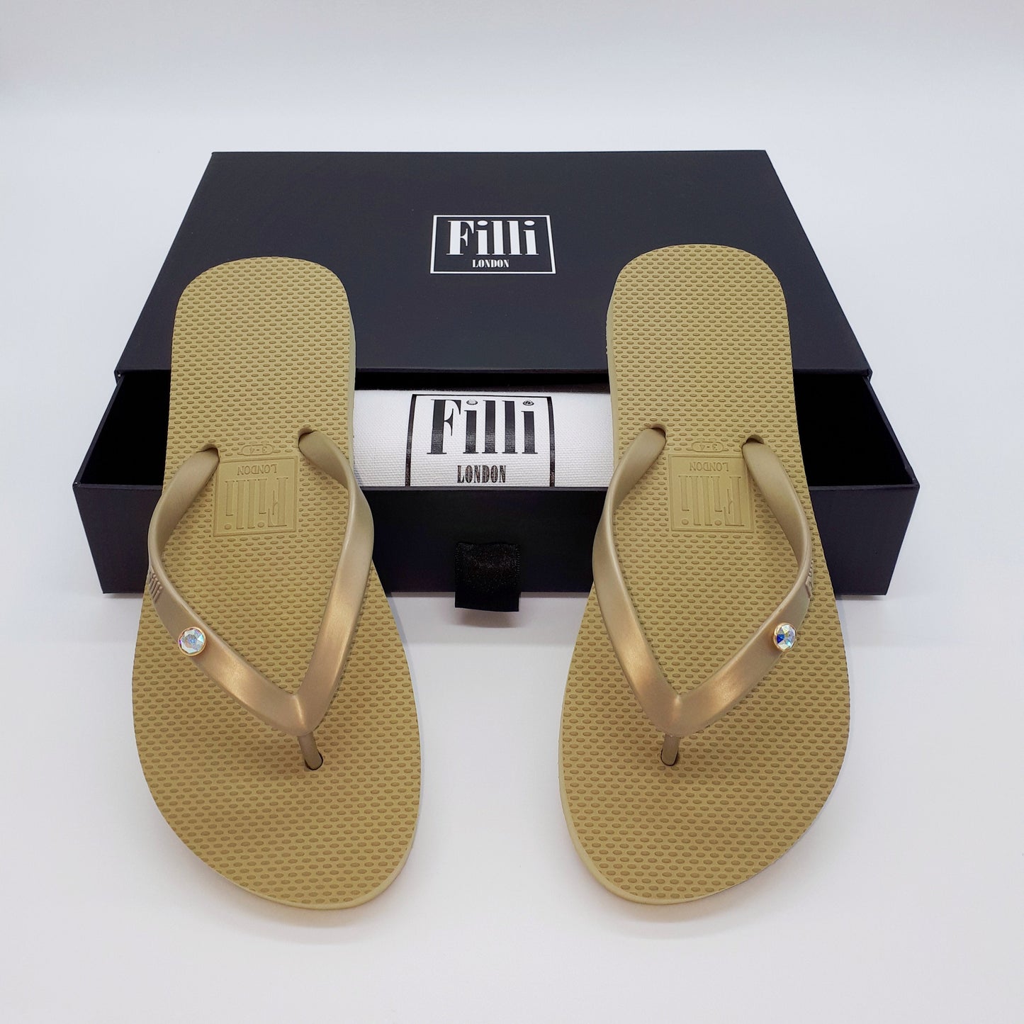 Filli London Aurora Luxury Crystal Flip Flops - Gold