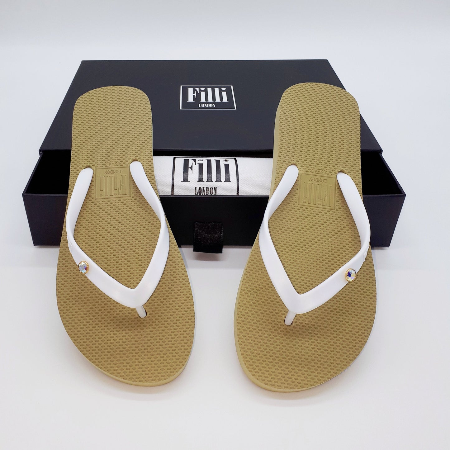 Filli London Aurora Luxury Crystal Flip Flops - White on Gold