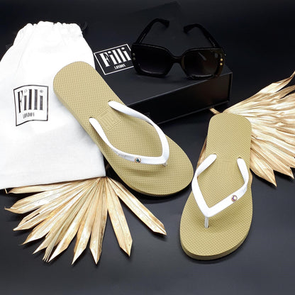 Filli London Aurora Luxury Crystal Flip Flops - White on Gold