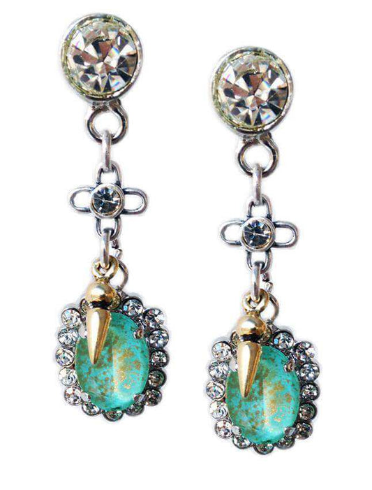 Aqua and gold Crystal dangle and drop earrings with rhinestones, rhodium and antique silver plated brass.