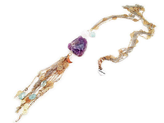 Aquamarine, Amethyst, Calcedony and charms long lariat necklace. Perfect for parties, summer time and gift for her.