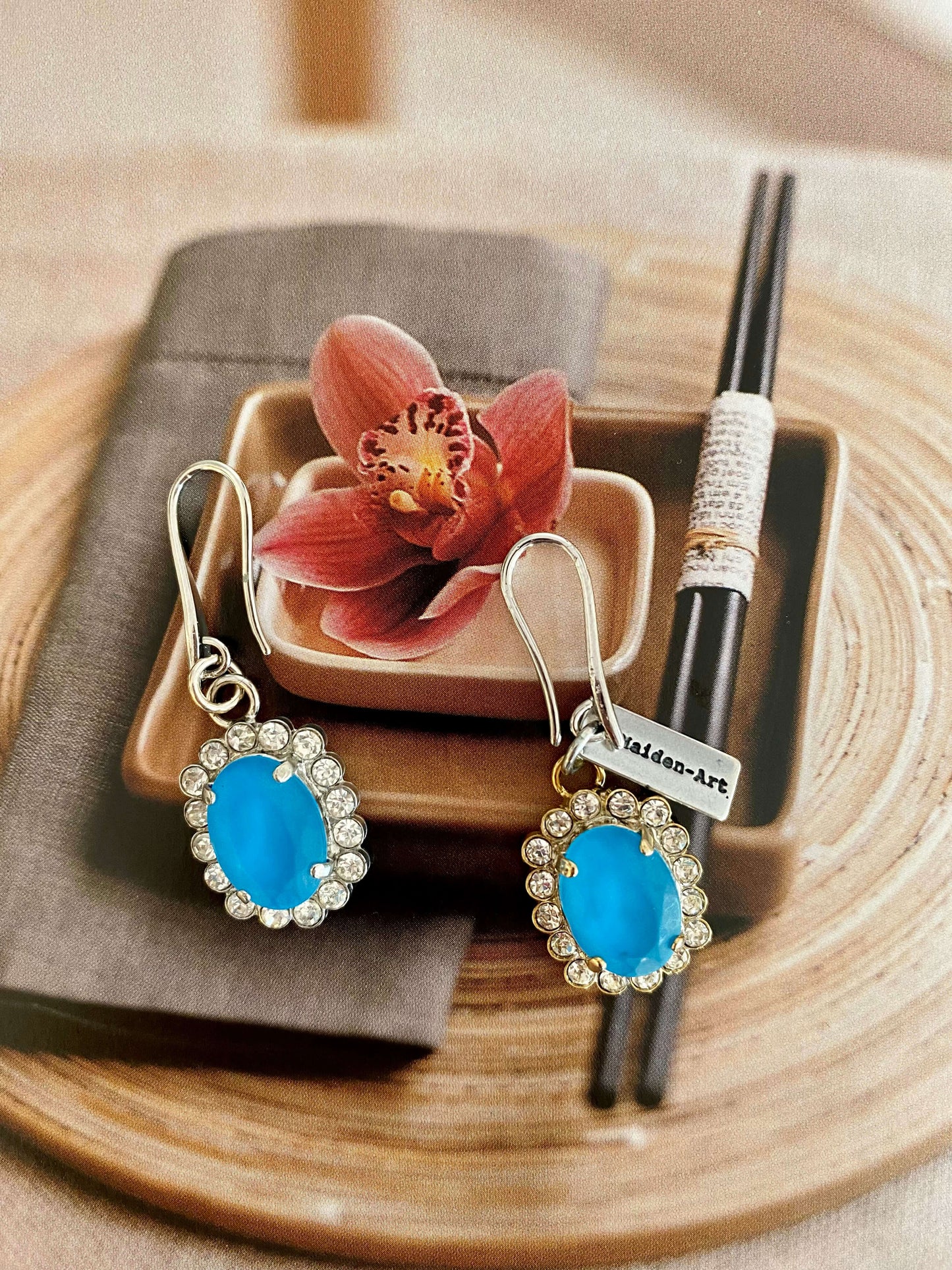 Azure Blue Statement Earrings and Rhinestones.