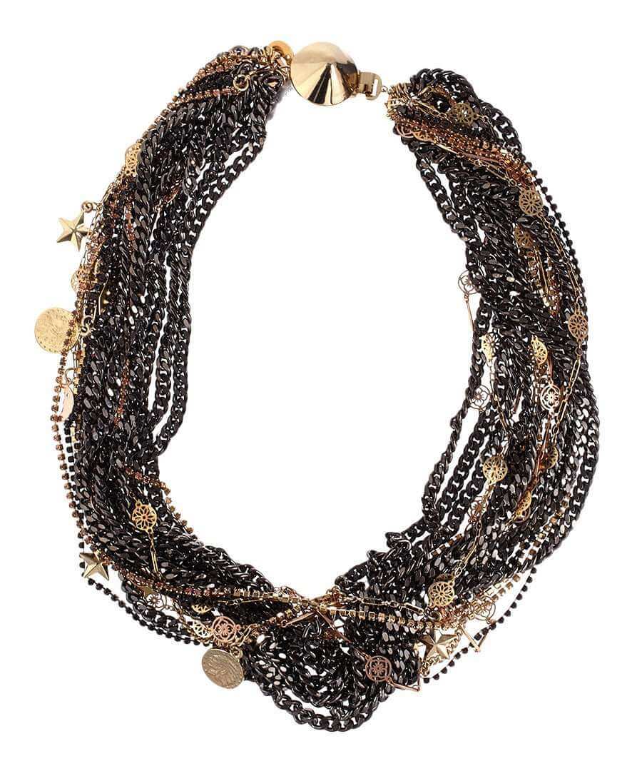 Beaded and Swarovski adorned crystal necklace in gun metal and 18kt gold plated. Black ematite jet necklace.