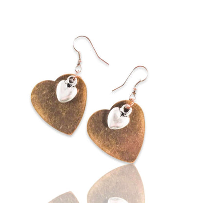 Big Antique Gold and Small Silver Hearts Drop Earrings.