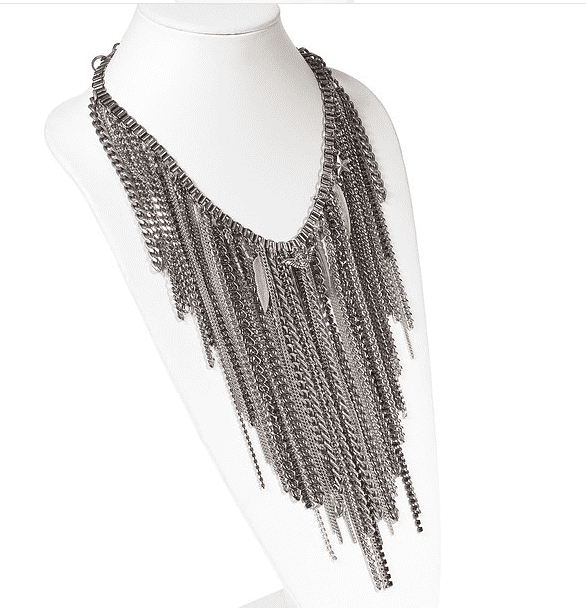 Chain fringe necklace with antique silver ad brass chains, studs, rhinestone crystals and Charms. Trendy necklace, trendy jewelry