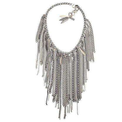 Chain fringe necklace with antique silver ad brass chains, studs, rhinestone crystals and Charms. Trendy necklace, trendy jewelry