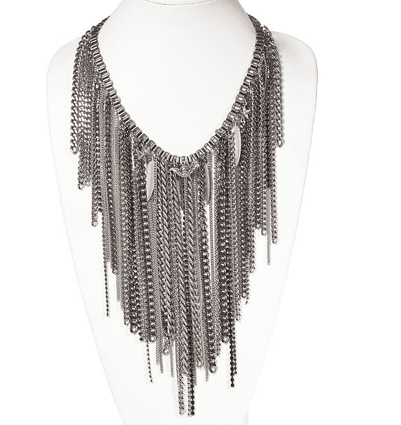 Chain fringe necklace with antique silver ad brass chains, studs, rhinestone crystals and Charms. Trendy necklace, trendy jewelry