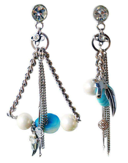 Chandelier earrings with blue agate stones, crosses, feathers, pearls, Swarovski crystals and charms. Trendy earrings, Trendy jewelry.