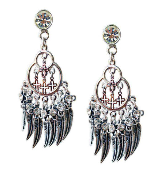 Chandelier earrings with feathers, crosses, Swarovski crystals and charms. Boho chic earrings, Boho chic jewelry.