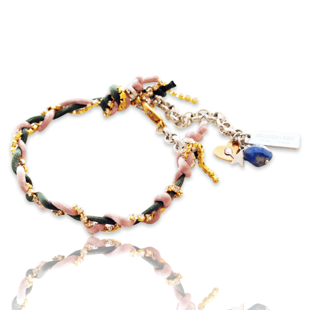 Charm bracelet with Lapis lazuli stones, crystals and silk cord.