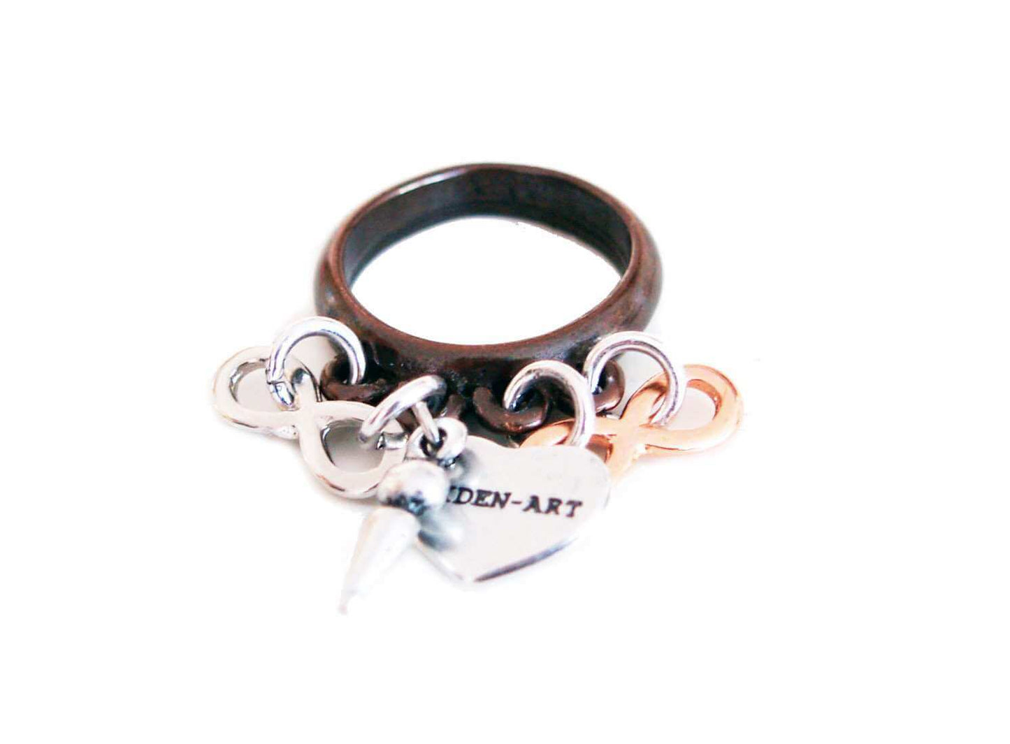 Gold and Silver plated brass ring with silver, rose gold infinity charms, pointed studs and logo engraved.