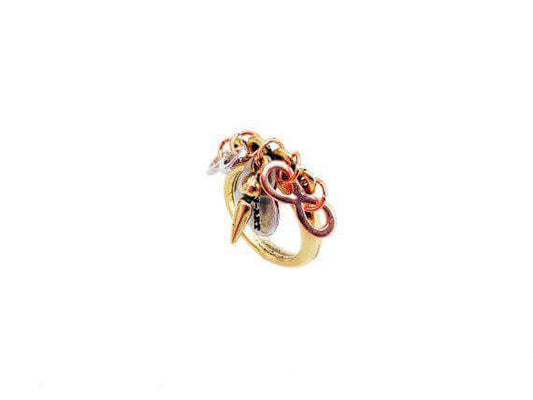 Gold and Silver plated brass ring with silver, rose gold infinity charms, pointed studs and logo engraved.